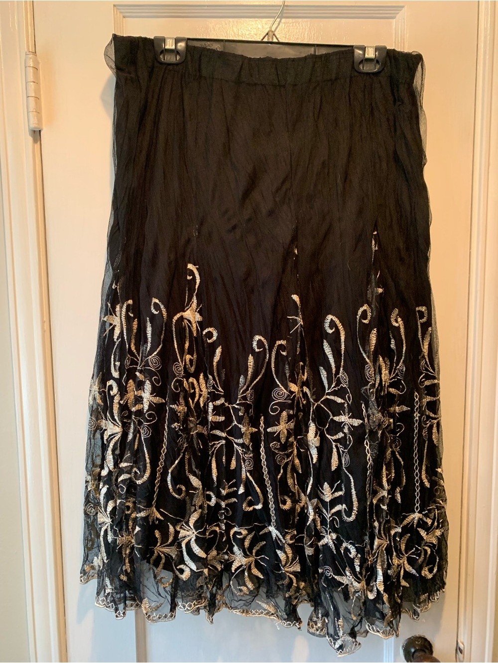 Vintage Carole Little Black Gold Embroidered Mesh Midi Skirt Whimsygoth Size 18